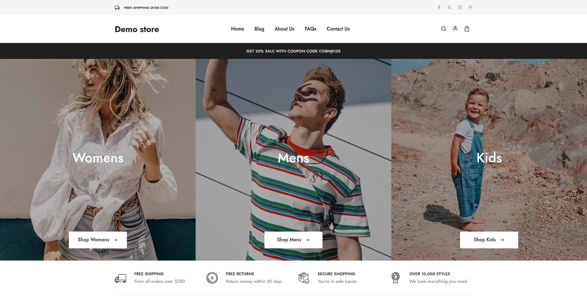 An example storefront: a product grid with pricing, sorting and a cart